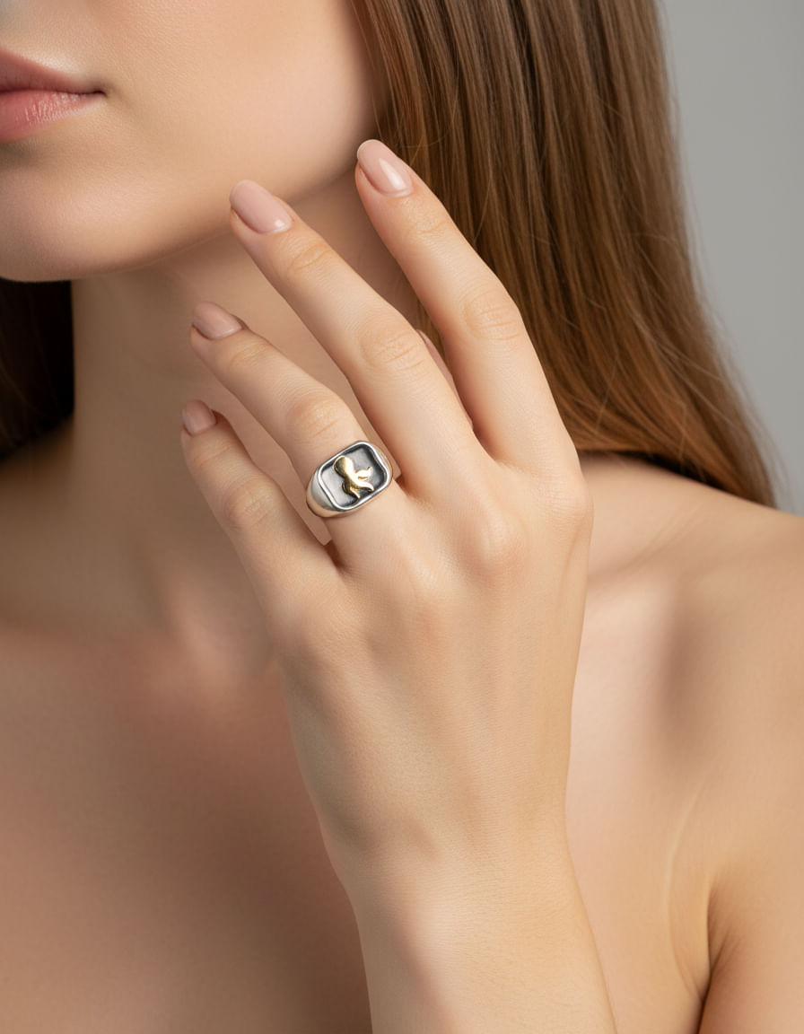 Anello sigillo dodo in argento con polpo in oro giallo-4