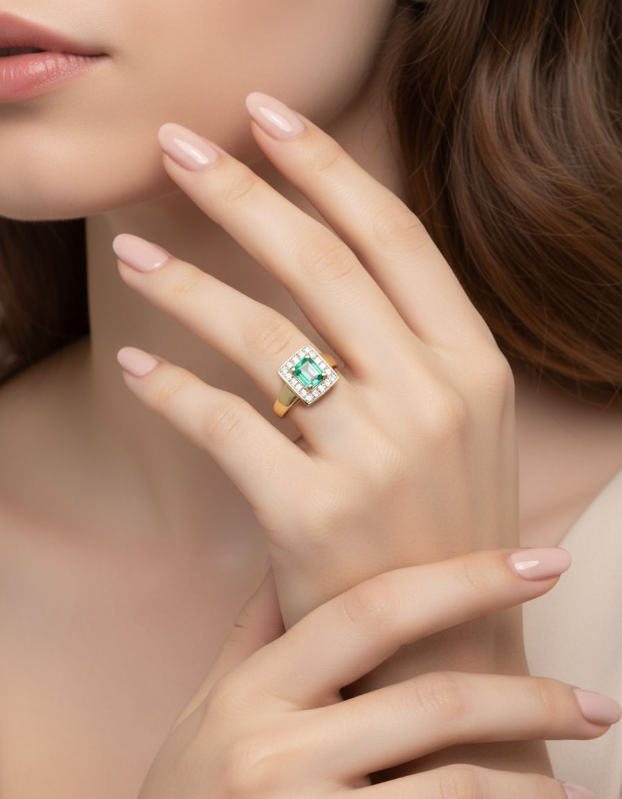 Anello in oro giallo con smeraldo centrale e contorno di diamanti carrè-5