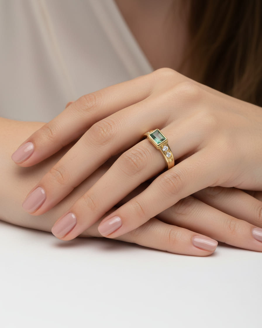 Anello oro giallo con smeraldo rettangolare e quattro diamanti laterali-5