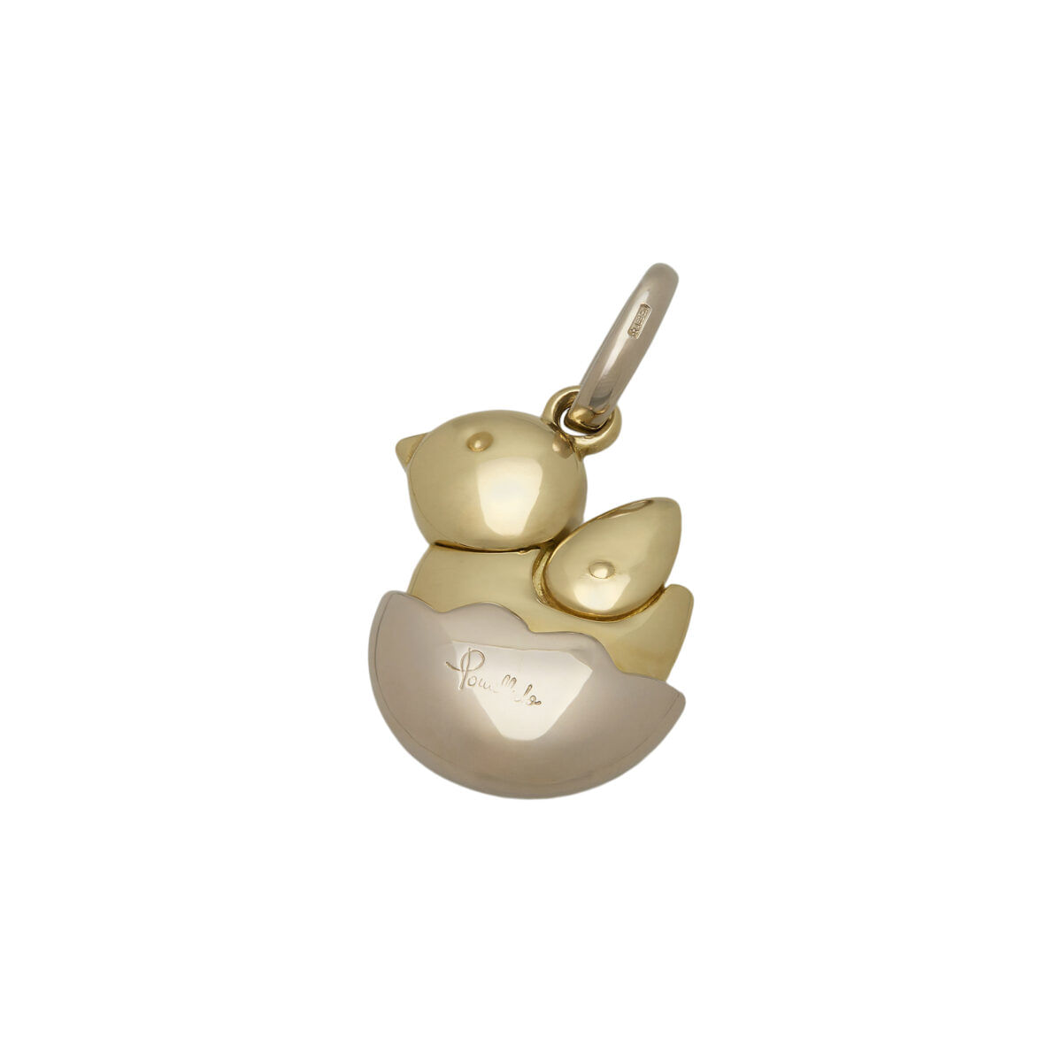 Ciondolo pomellato pulcino dentro guscio d'uovo snodato in oro giallo e bianco-1