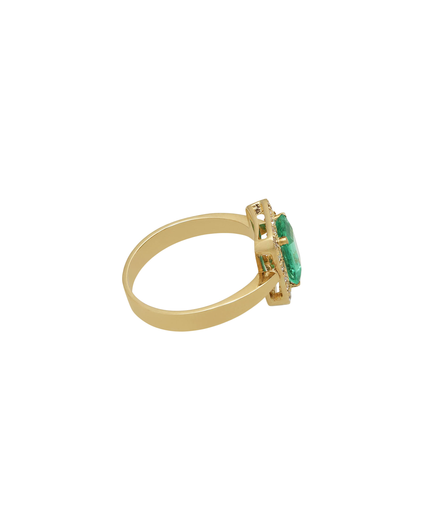 Anello forma rettangolare in oro giallo con smeraldo centrale e giro di diamanti-2