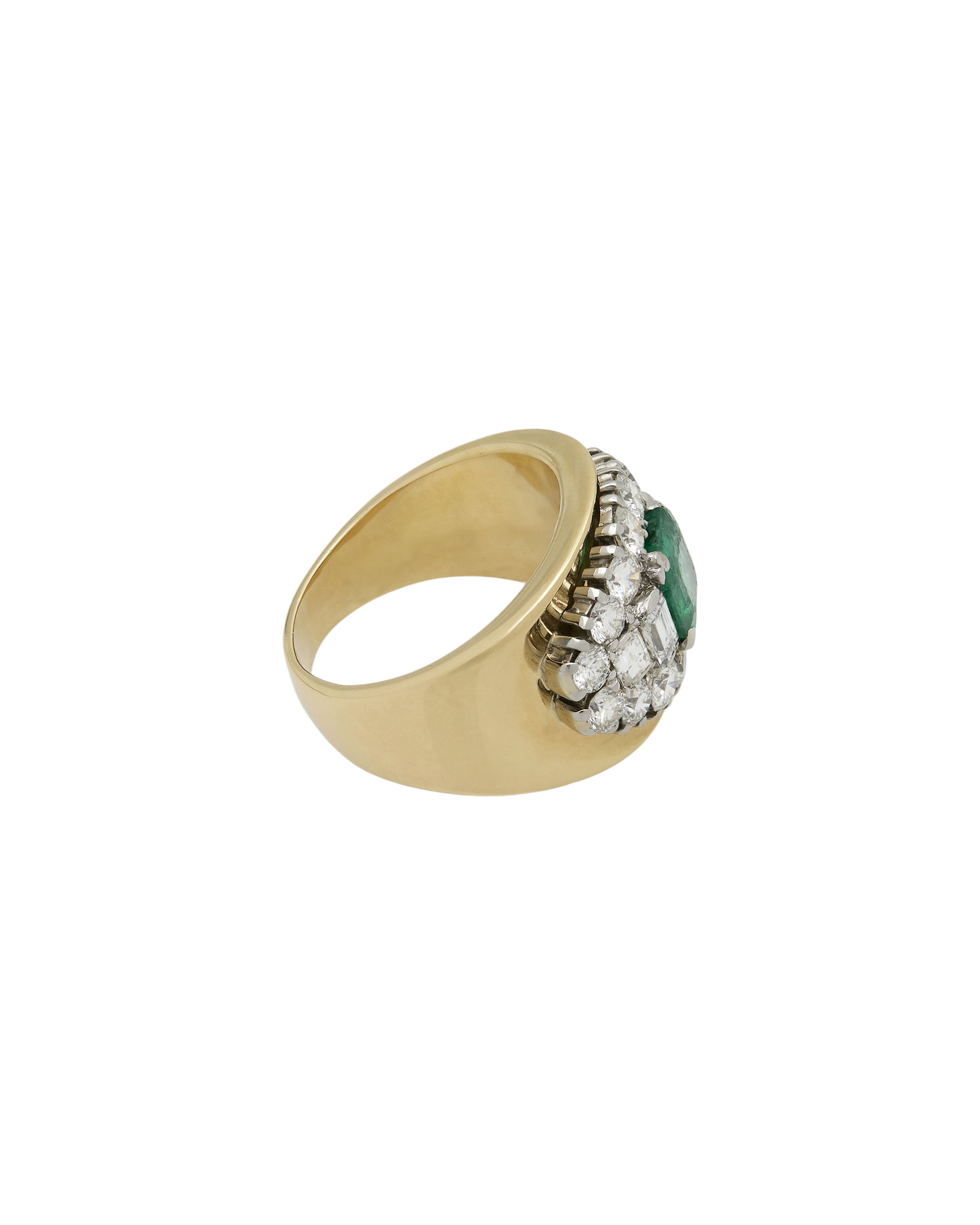 Anello fascia in oro giallo e bianco con smeraldo centrale diamanti baguette e round-2