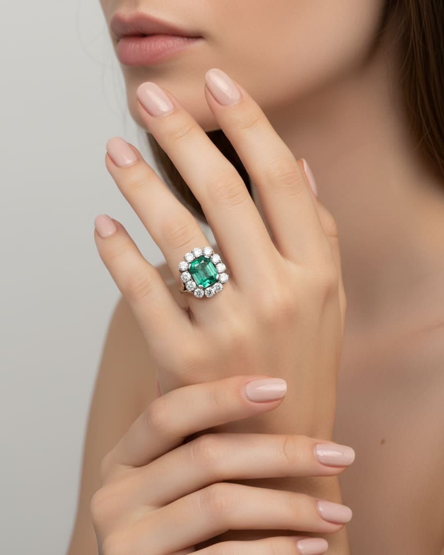 Anello in platino con smeraldo centrale 7,50 ct e giro di diamanti-5