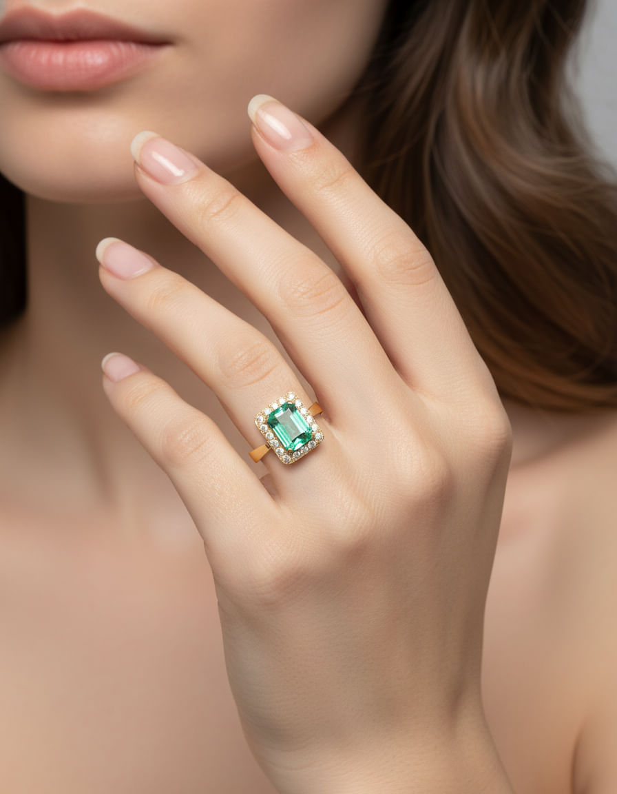 Anello forma rettangolare in oro giallo con smeraldo centrale e giro di diamanti-5