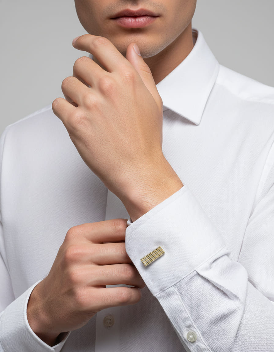 Gemelli da polso rettangolari con linee alternate in oro giallo e bianco-3