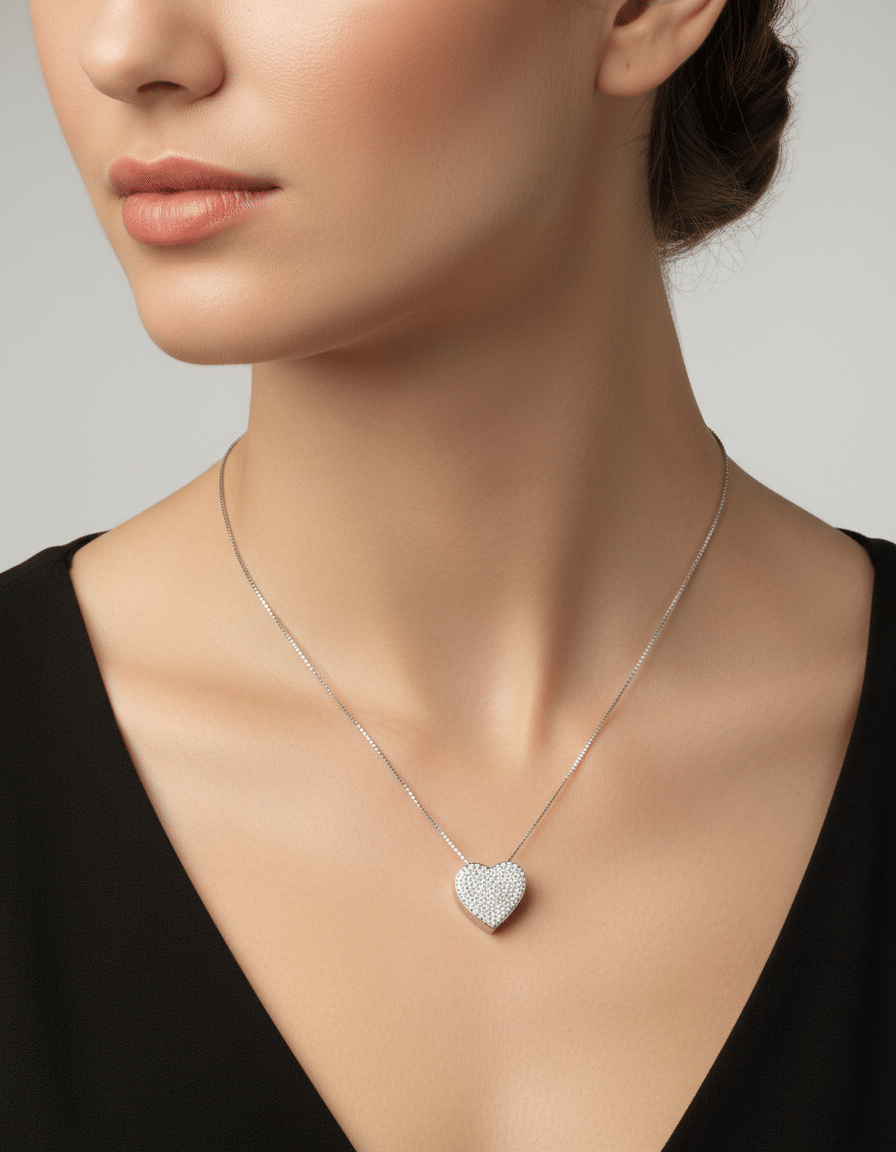 Collana oro bianco con ciondolo cuore e pavè di diamanti-3