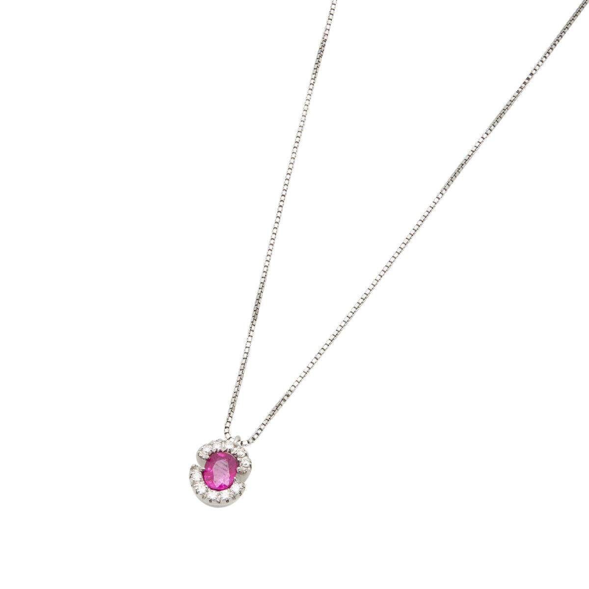 Collana con ciondolo doppia c in oro bianco con rubino e diamanti-1