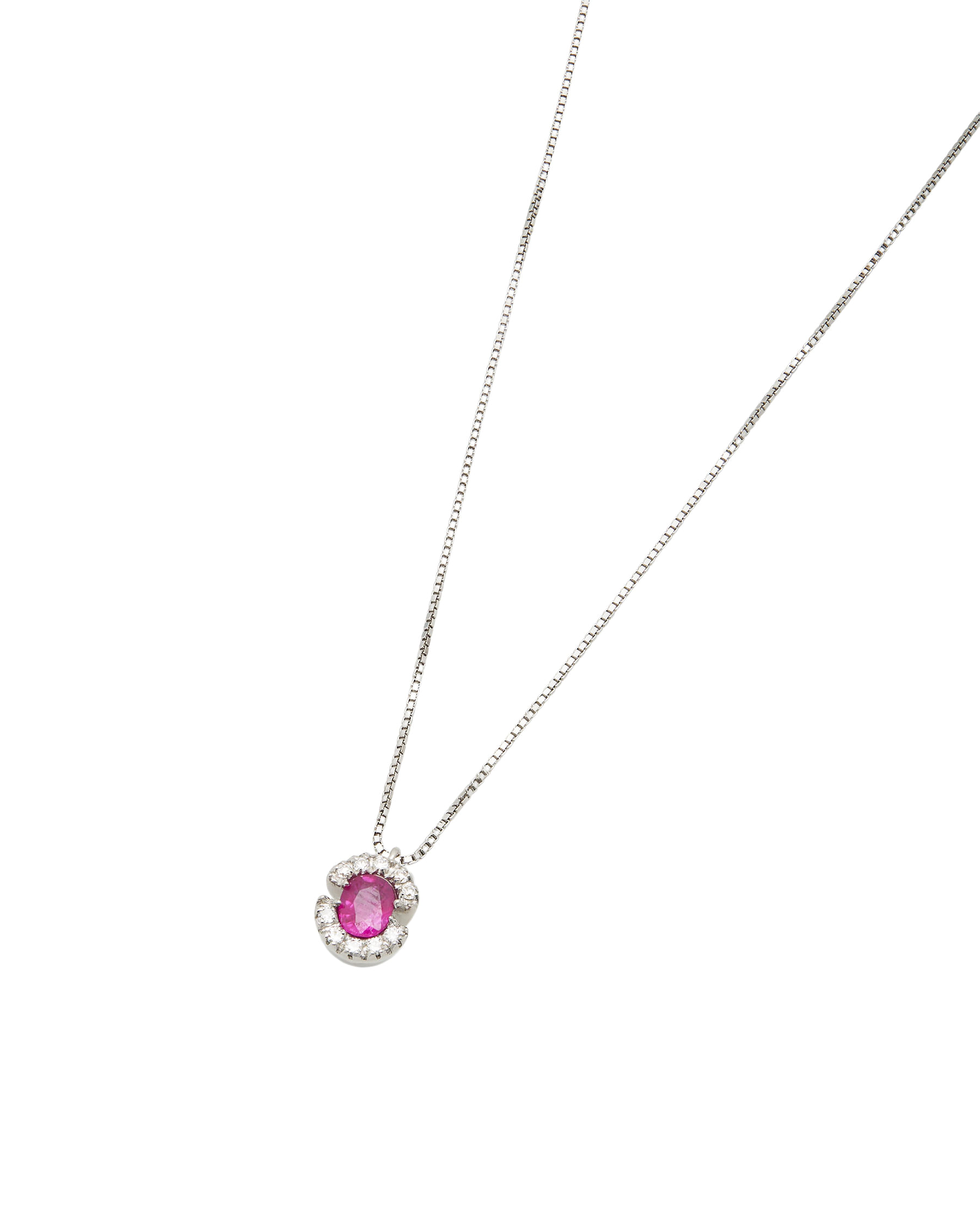 Collana con ciondolo doppia c in oro bianco con rubino e diamanti-1