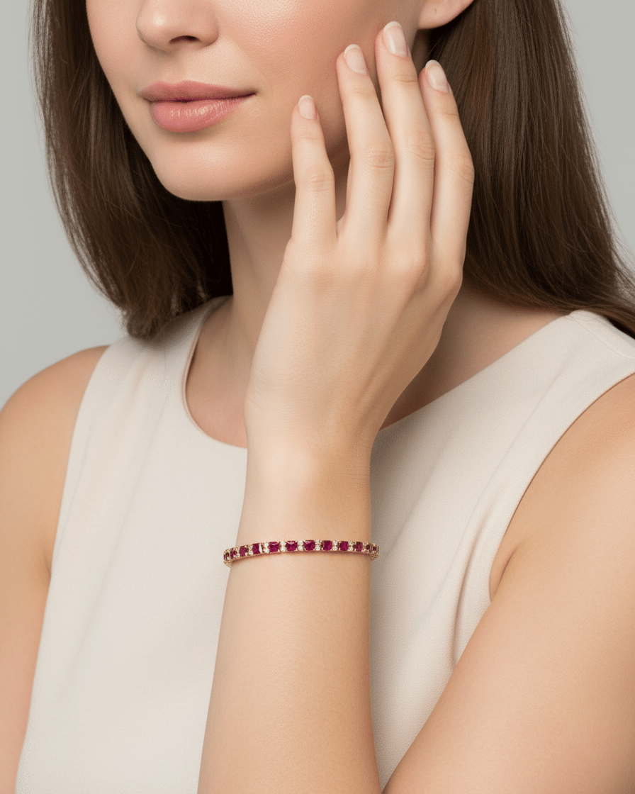 Bracciale tennis in oro giallo con rubini carrè 10 ct e diamanti-4