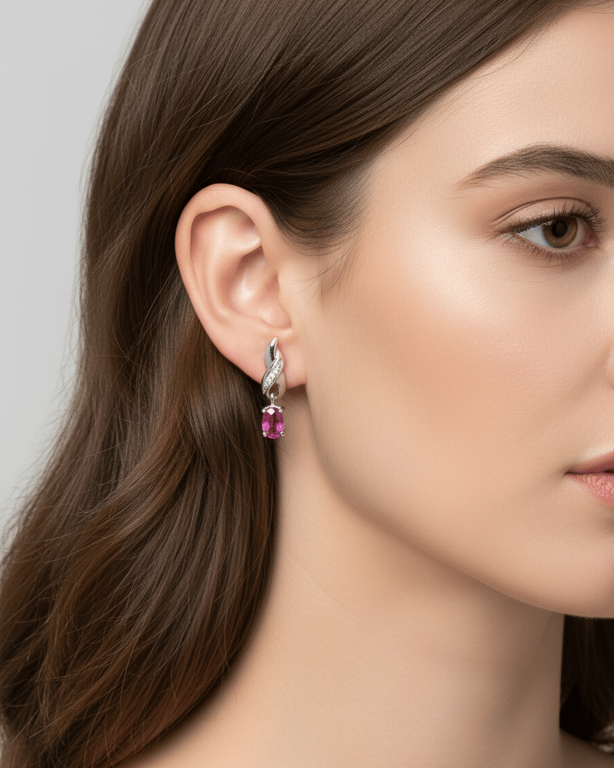 Orecchini pendenti infinito in oro bianco con rubini e diamanti-3