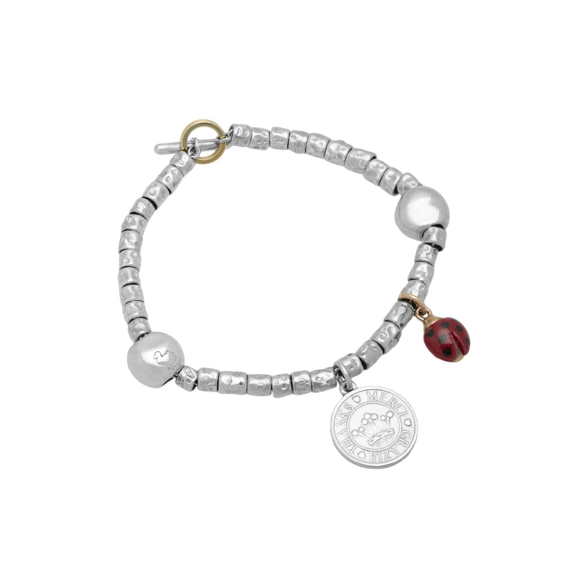Bracciale dodo granelli con ciondolo coccinella in oro e ciondolo moneta in argento-1