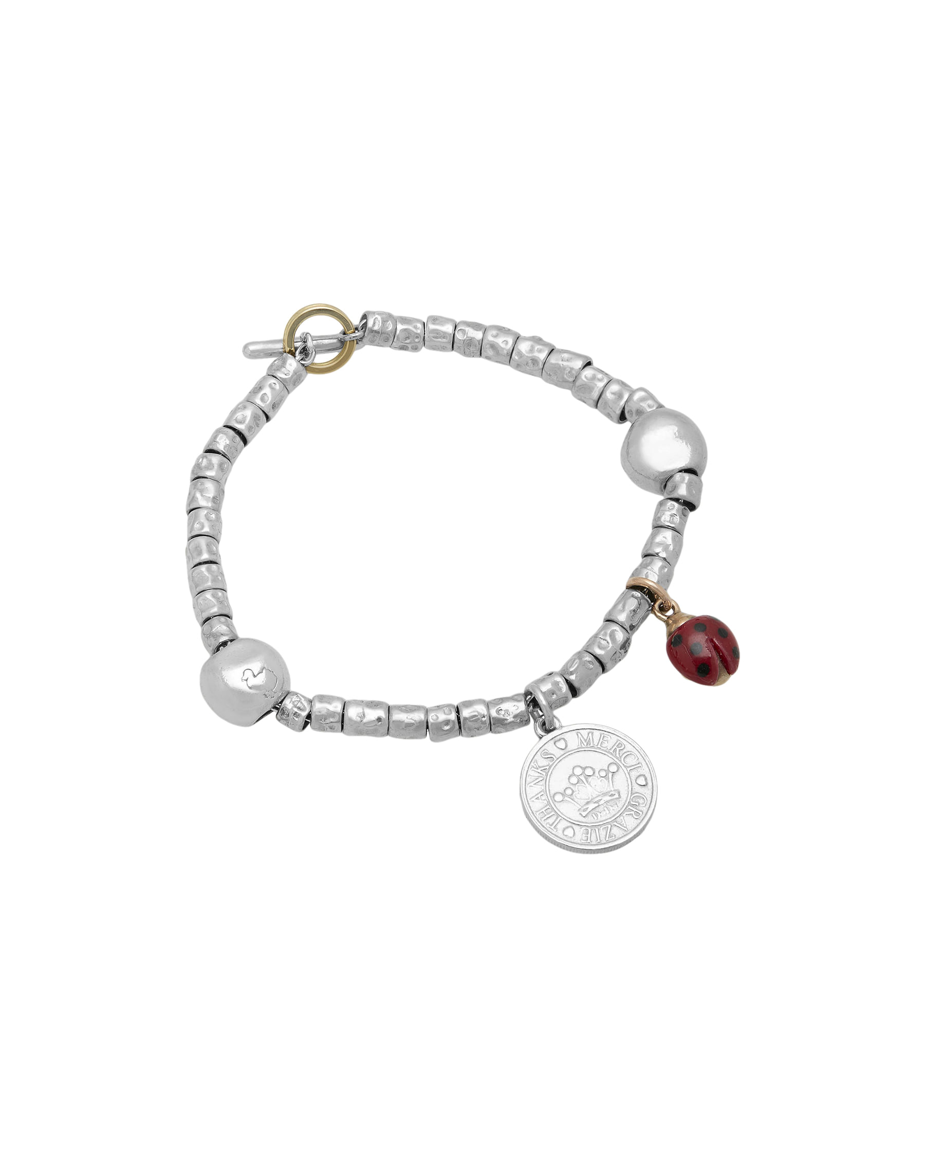 Bracciale dodo granelli con ciondolo coccinella in oro e ciondolo moneta in argento-1