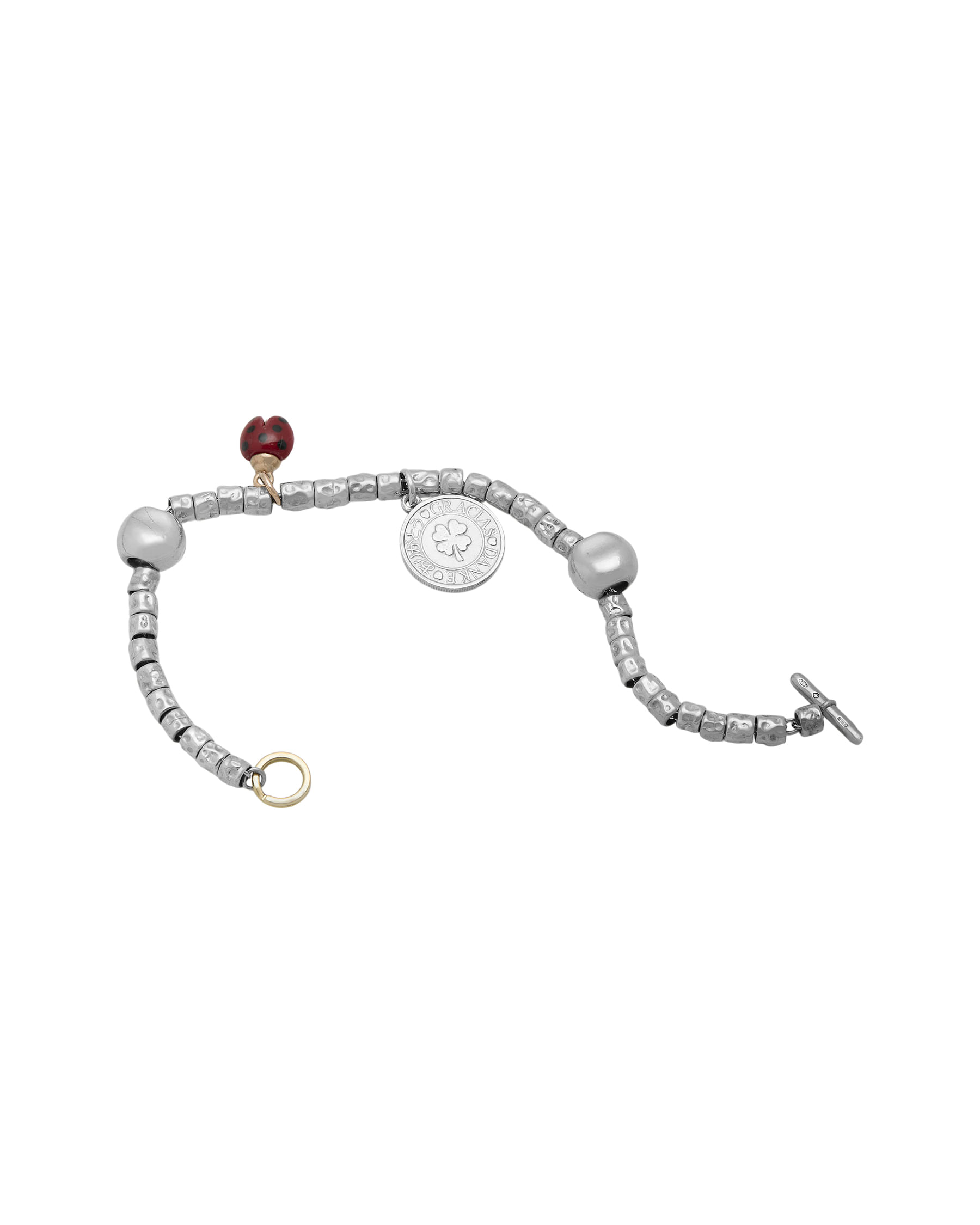 Bracciale dodo granelli con ciondolo coccinella in oro e ciondolo moneta in argento-2