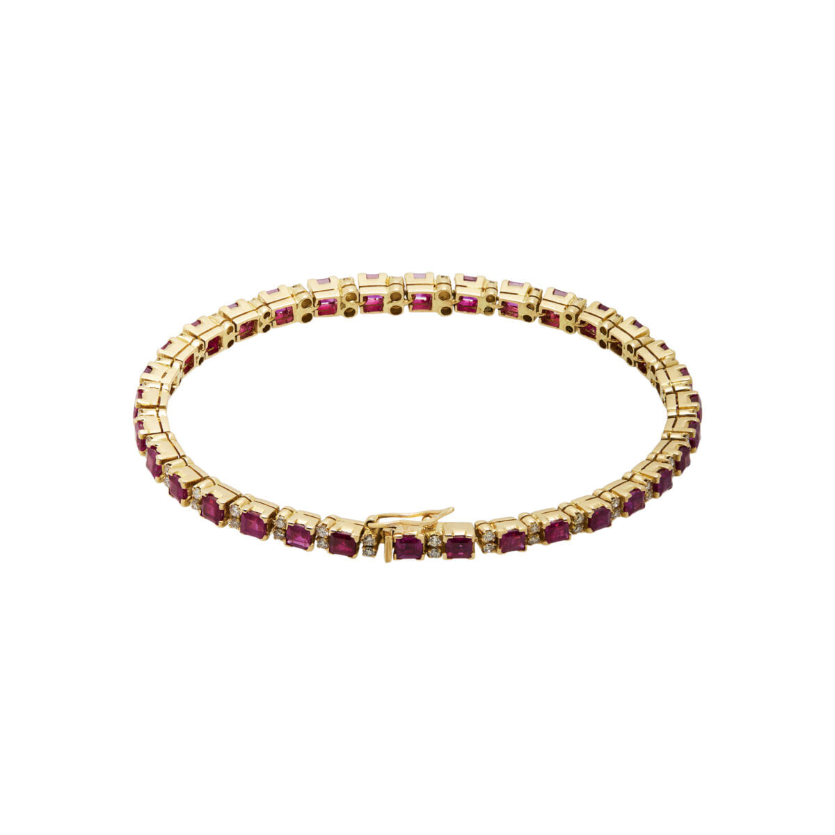 Bracciale tennis in oro giallo con rubini carrè 10 ct e diamanti-1