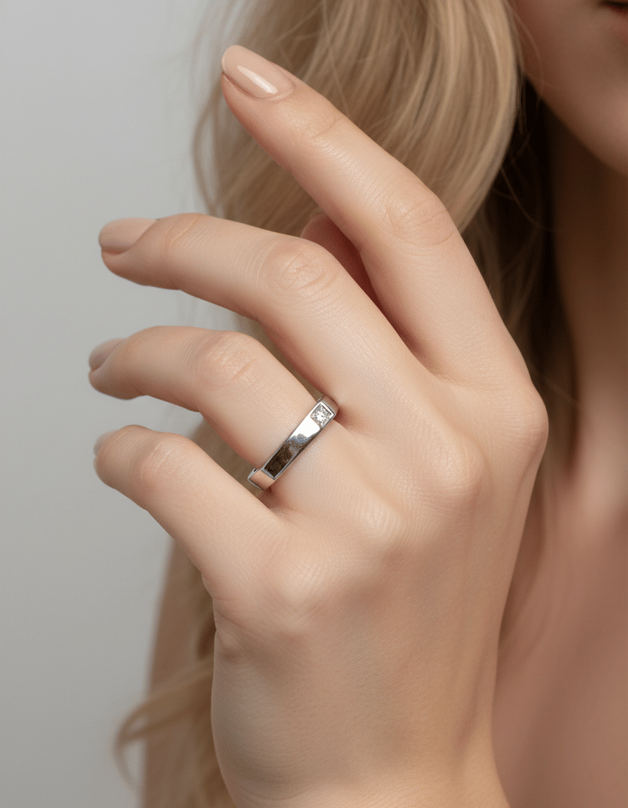 Anello fede squadrata in oro bianco con diamante-3