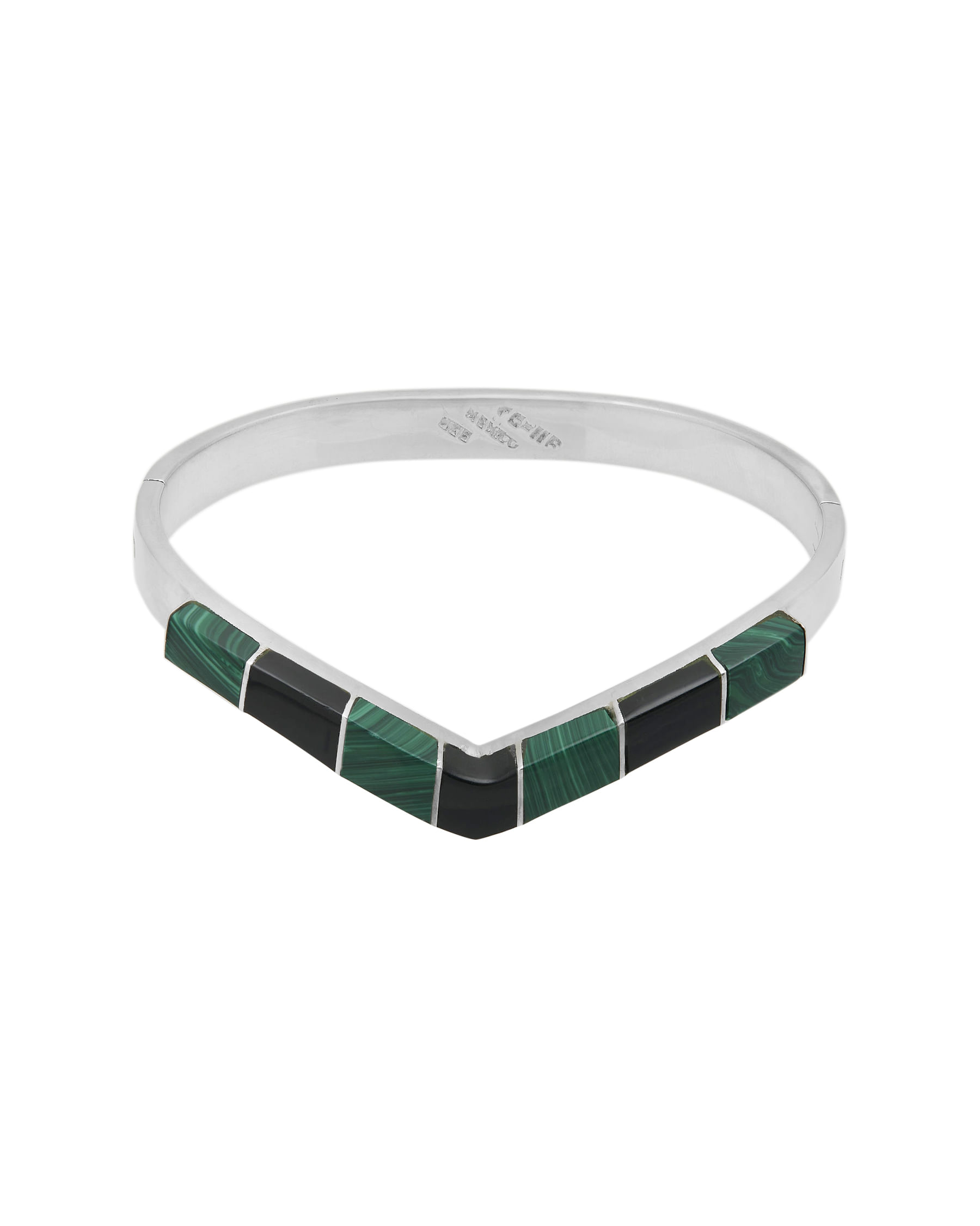 Bracciale rigido in argento messicano di forma v con malachite e onice-1