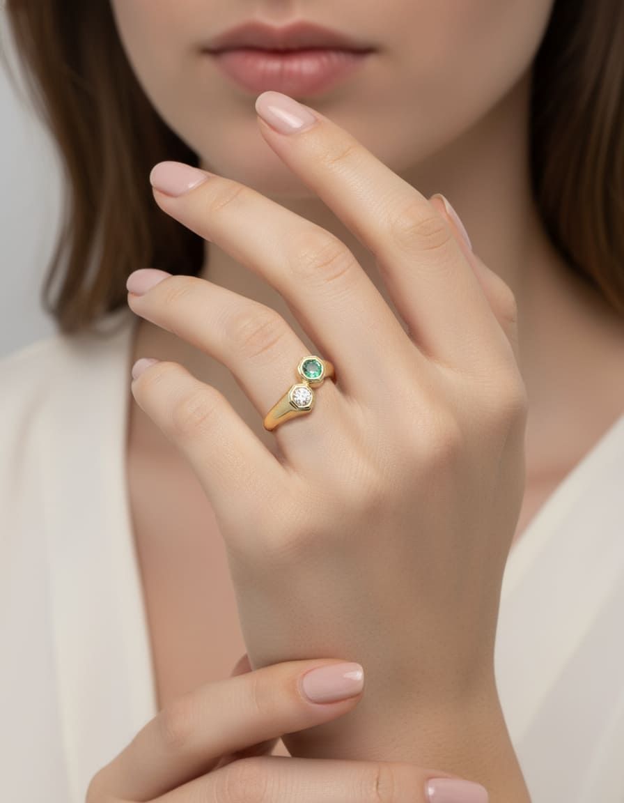 Anello contrariè in oro giallo con smeraldo e diamante ovali-5