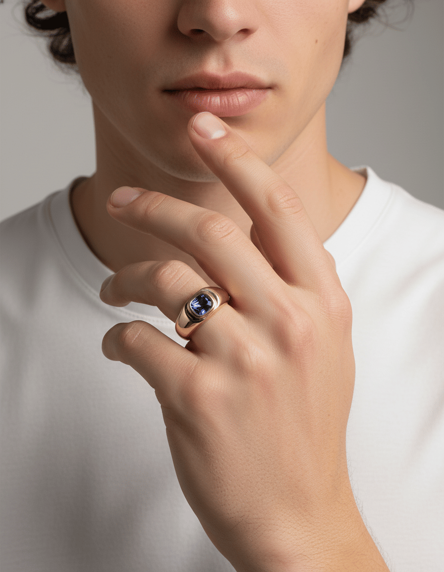 Anello sigillo in oro giallo con zaffiro ceylon centrale-5