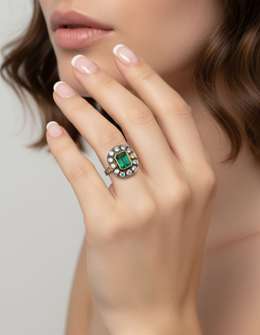 Anello in oro giallo e bianco con traforo fiorentino smeraldo centrale e diamanti di contorno-5