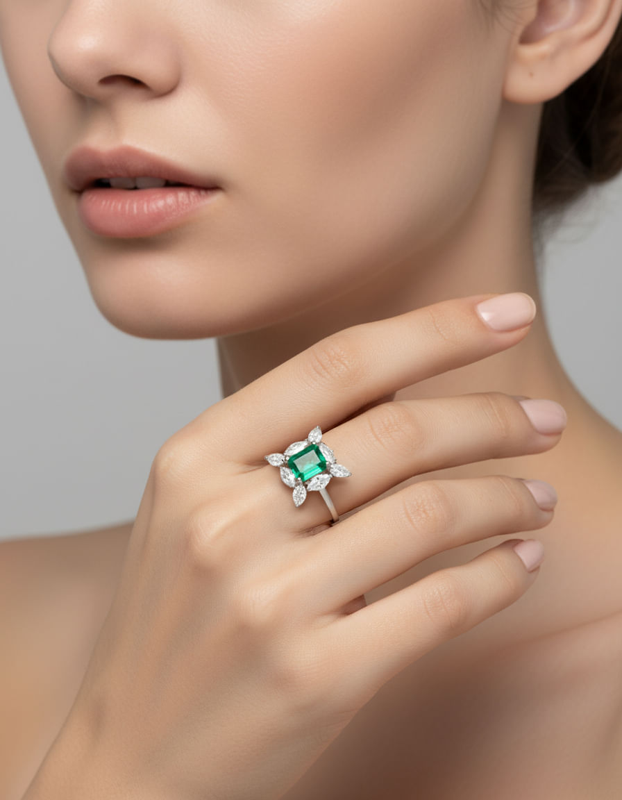 Anello oro bianco con smeraldo centrale e contorno di diamanti navette-5