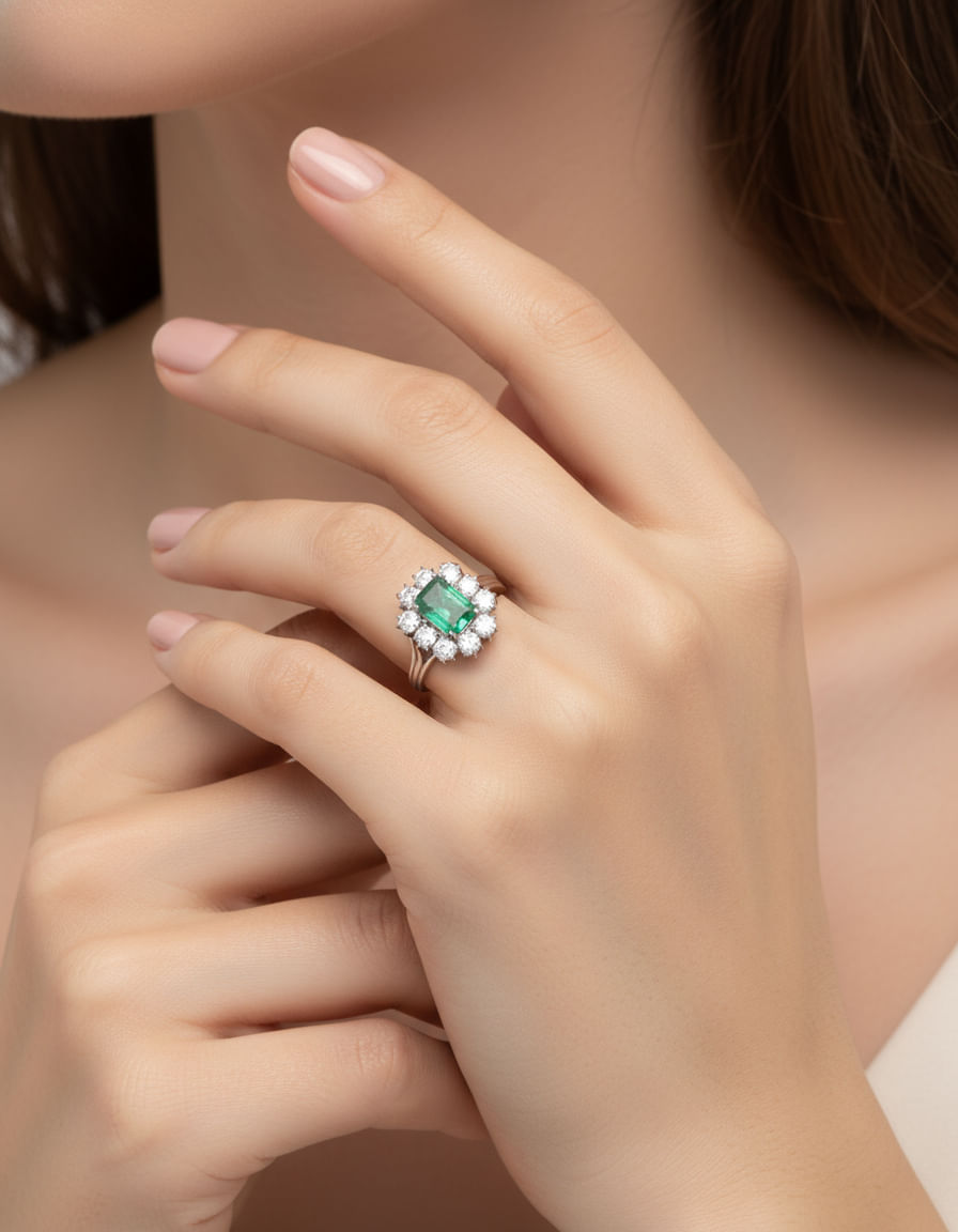 Anello fiore oro bianco con smeraldo centrale 1,20 ct e diamanti-5