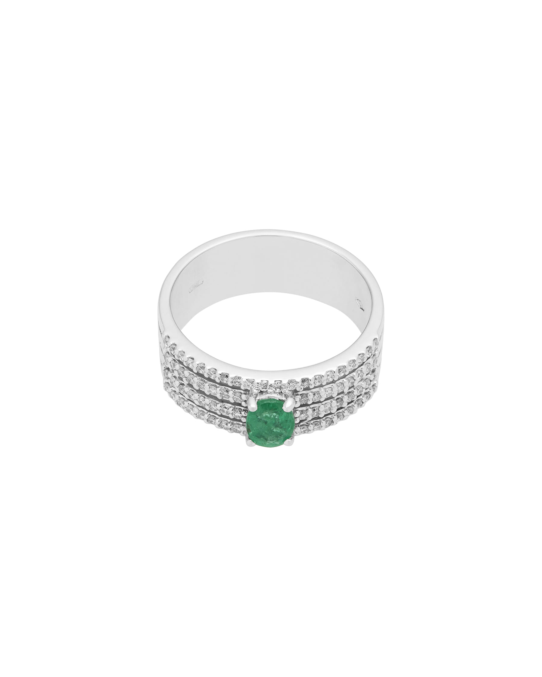 Anello fascia in oro bianco con 4 file di diamanti e smeraldo centrale-1