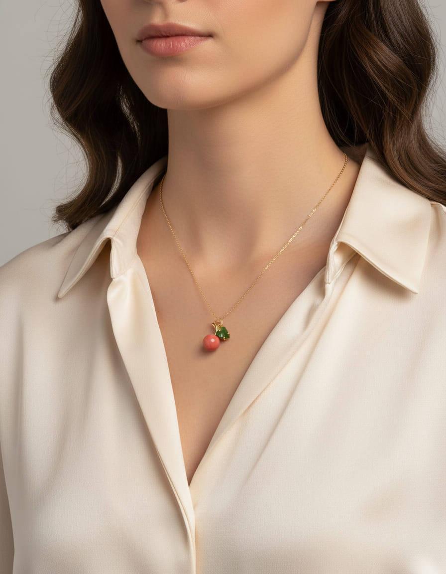 Ciondolo ciliegia in oro giallo con corallo e nefrie-3