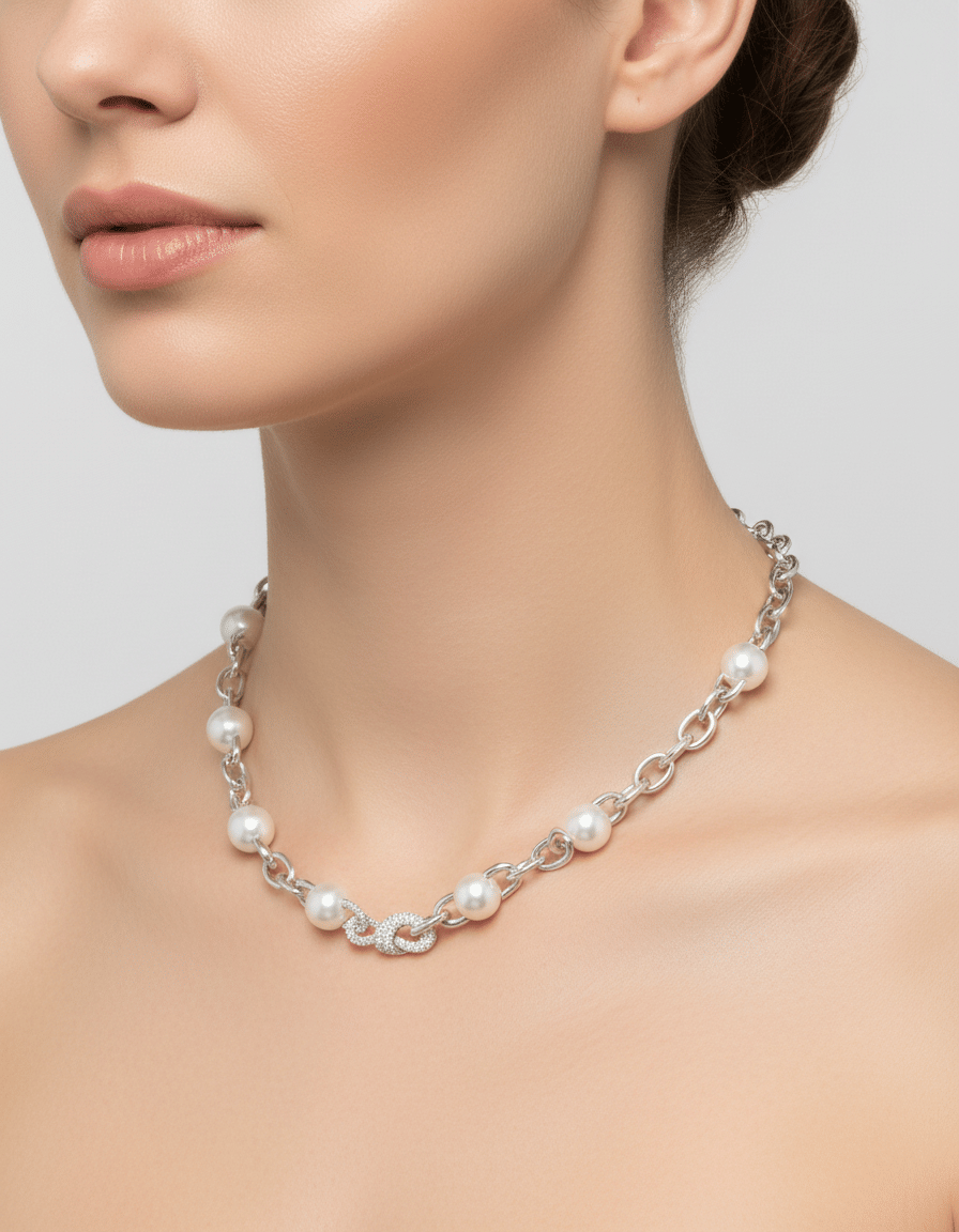 Collana girocollo mikimoto con maglie a catena in oro bianco diamanti e perle 11,30 mm-3