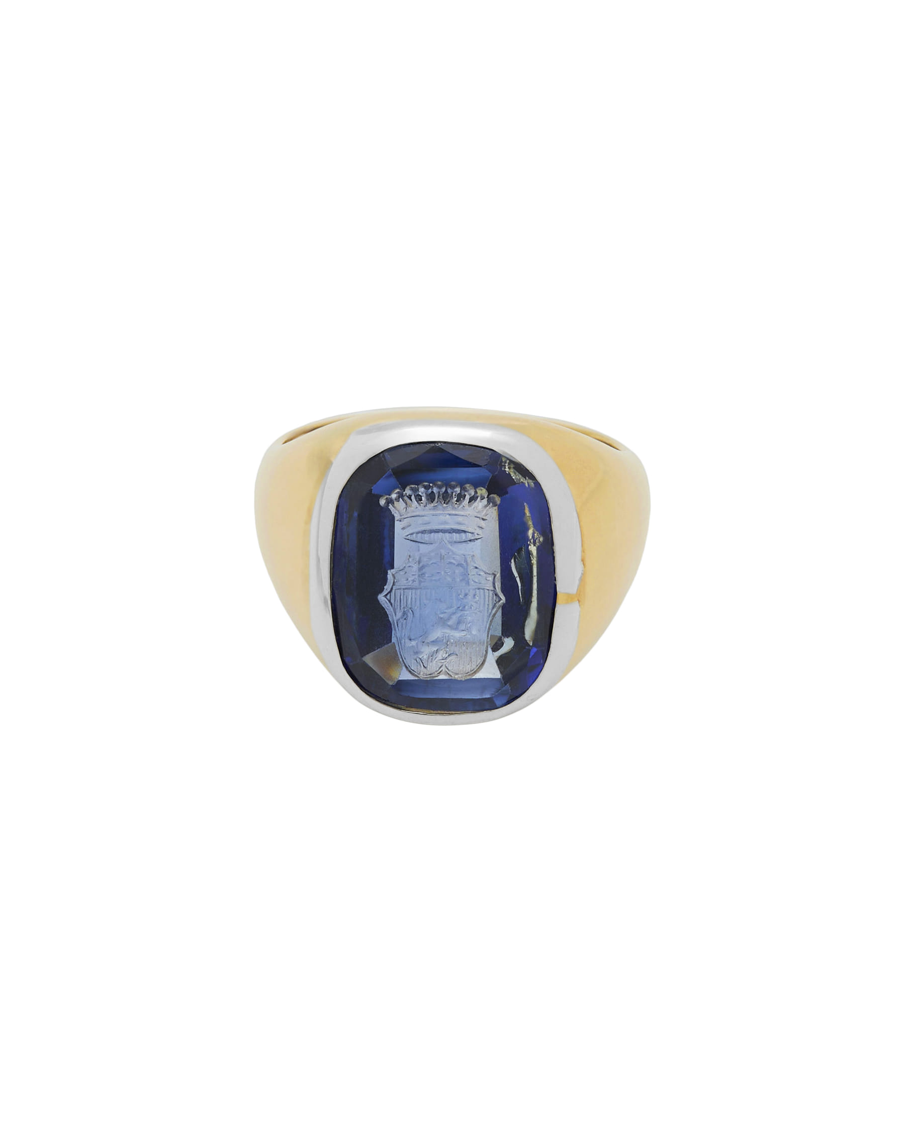 Anello sigillo oro bianco e giallo con tanzanite e stemma centrale-1