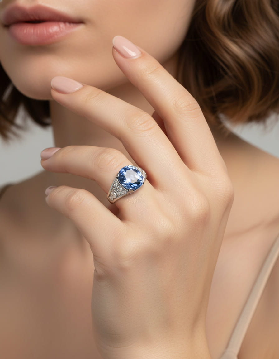 Anello sigillo in platino con zaffiro 7,20 ct e diamanti-4