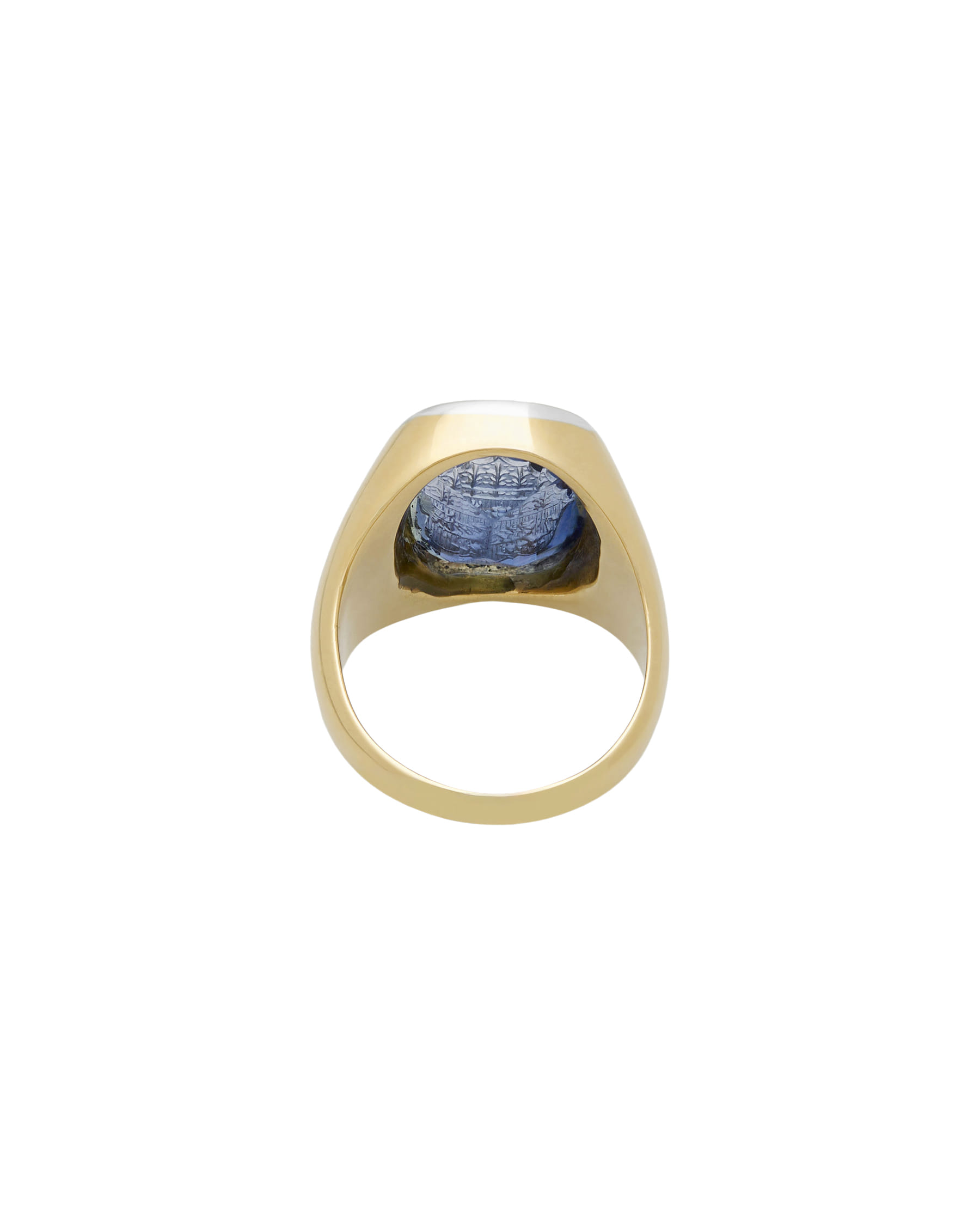 Anello sigillo oro bianco e giallo con tanzanite e stemma centrale-3