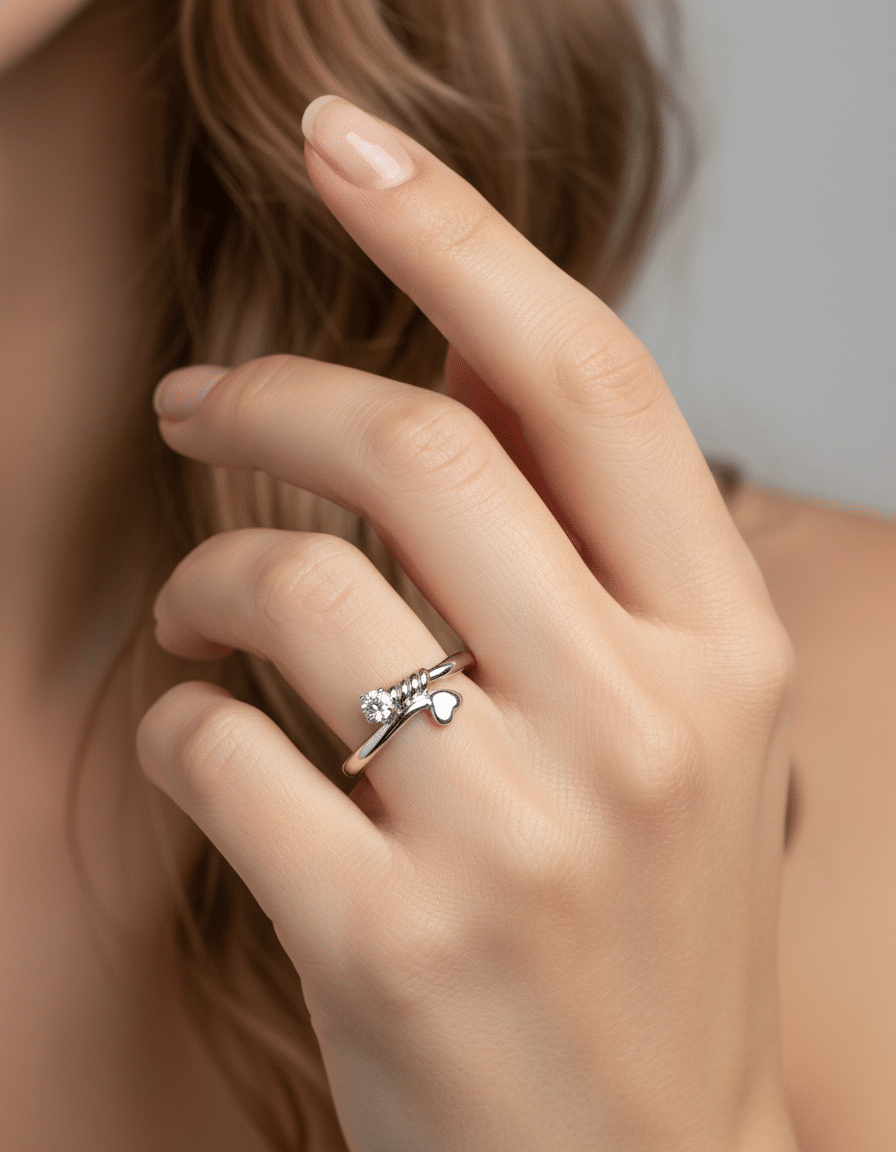 Anello contrariè recarlo con cuore e diamante in oro bianco-4