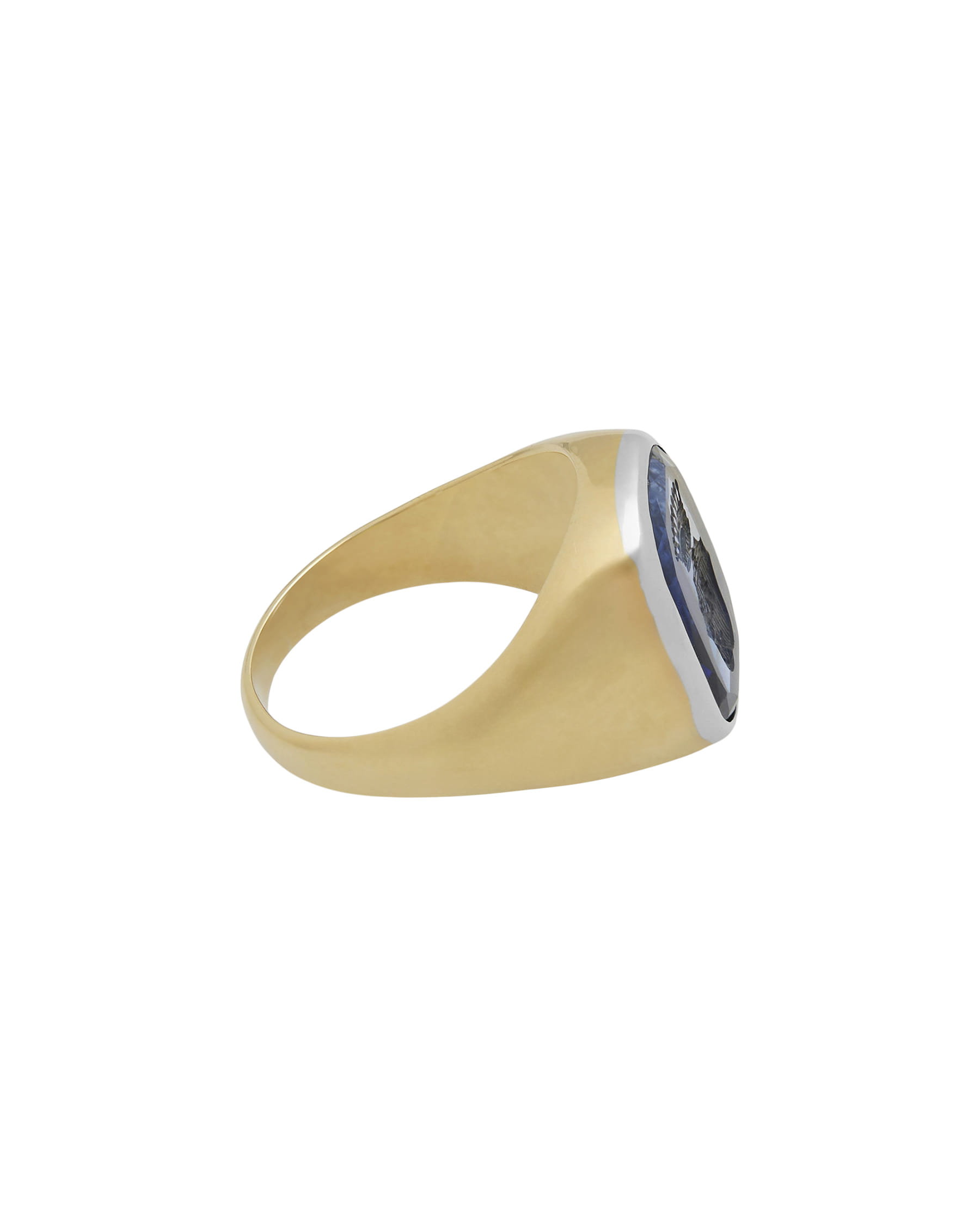 Anello sigillo oro bianco e giallo con tanzanite e stemma centrale-2