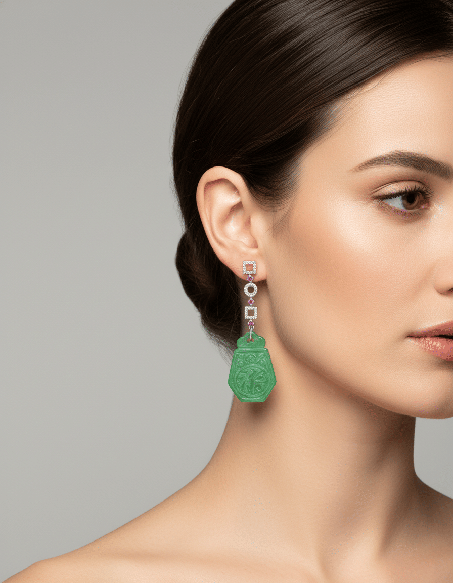 Orecchini pendenti in oro bianco con elementi geometrici con diamanti zaffiri rosa e giada-3