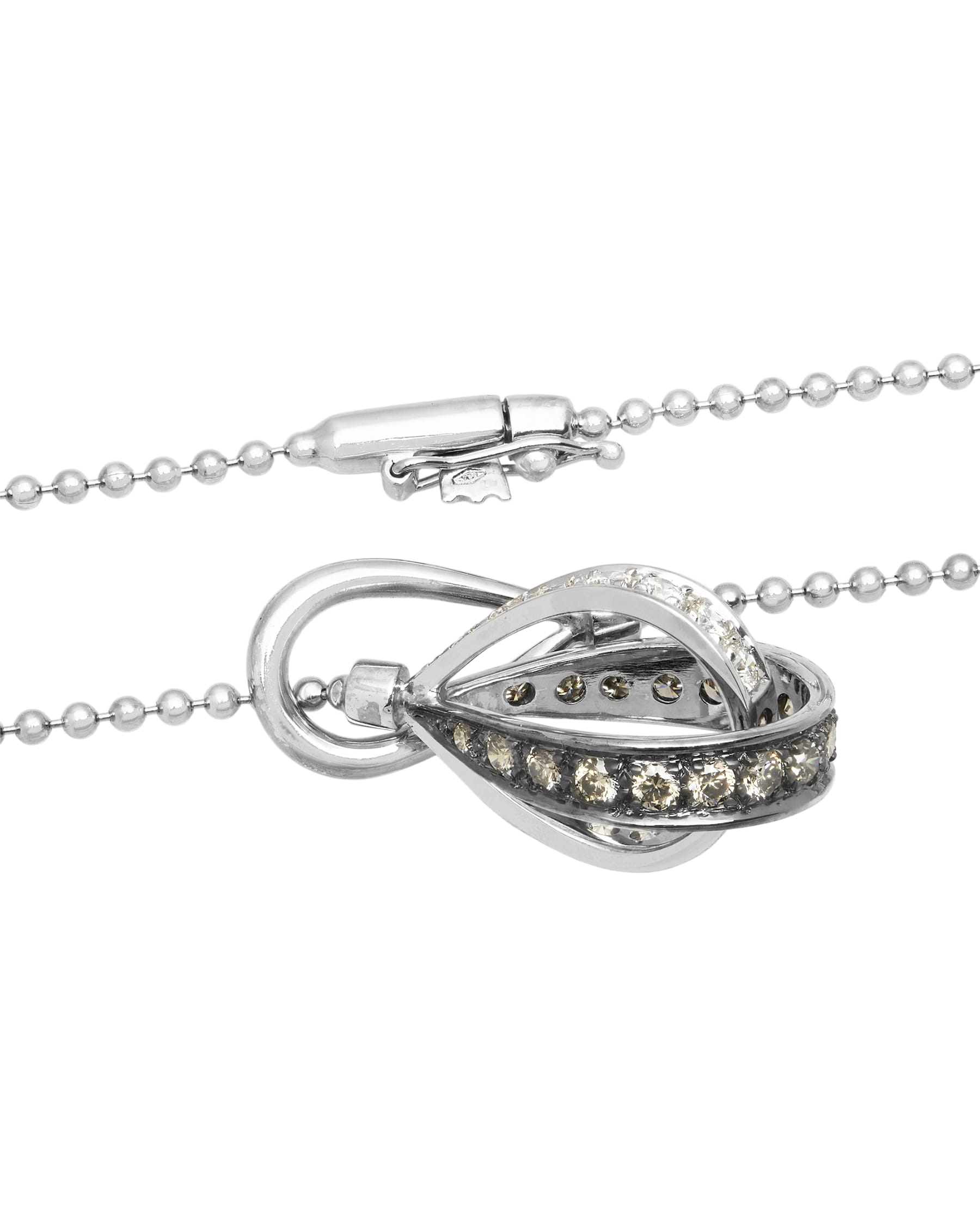 Collana in oro bianco con ciondolo goccia tridimensionale doppia fascia e diamanti bianchi e brown-2