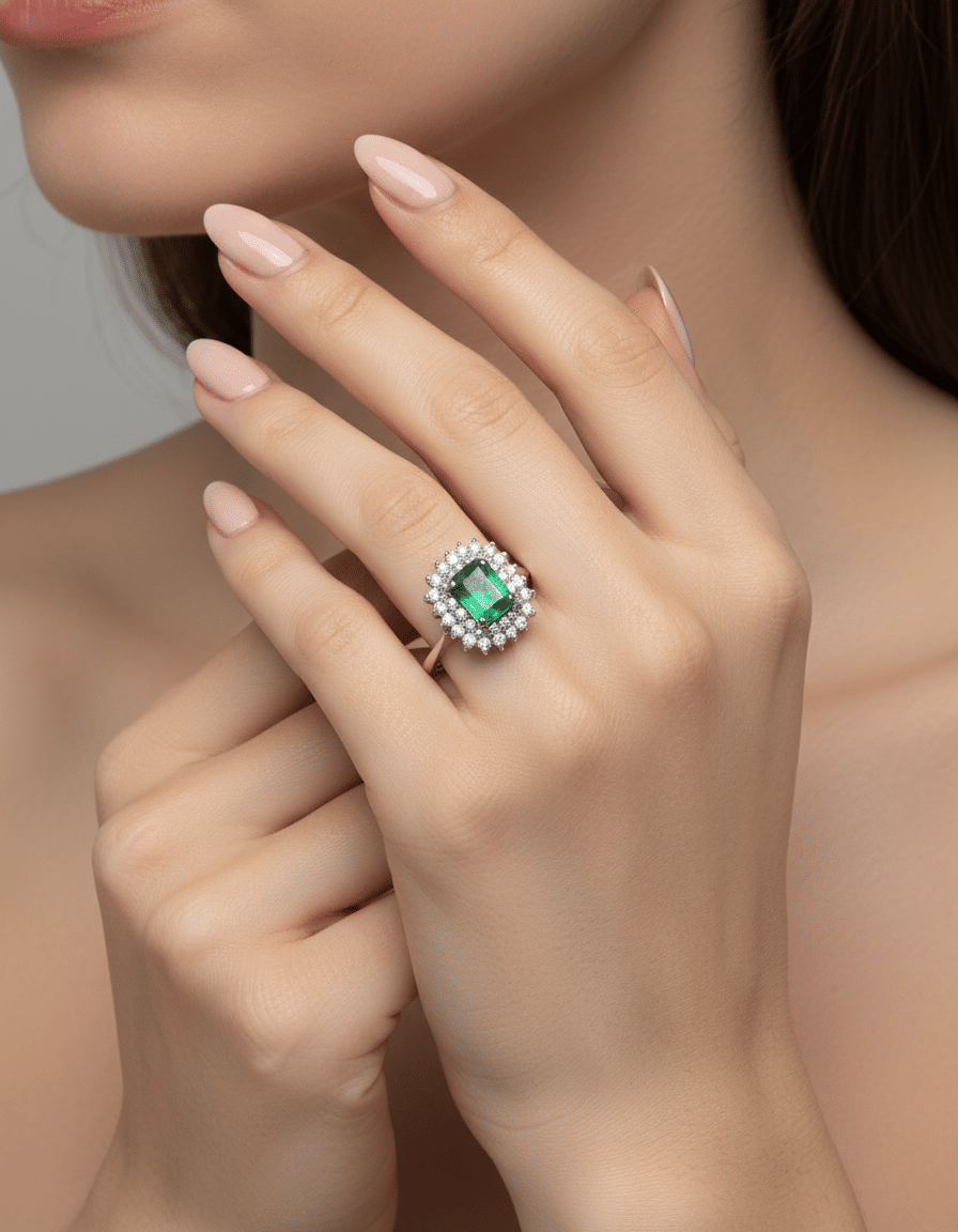 Anello fiore oro bianco con smeraldo centrale e doppio giro di diamanti-5