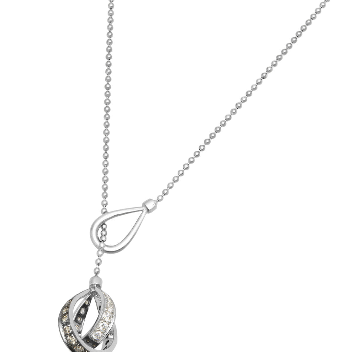 Collana in oro bianco con ciondolo goccia tridimensionale doppia fascia e diamanti bianchi e brown-1