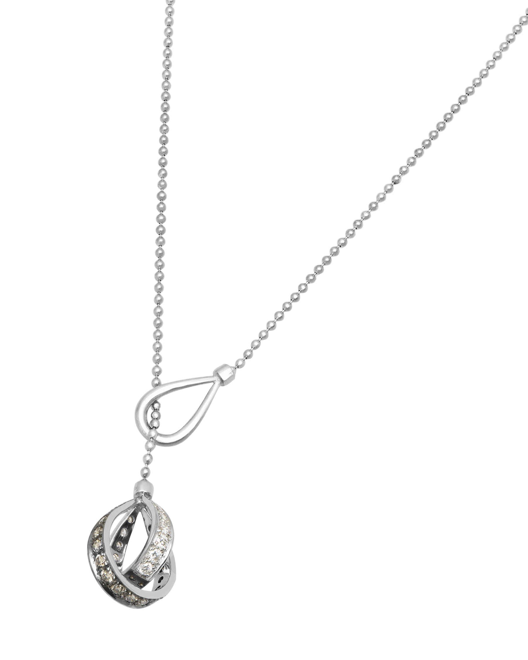 Collana in oro bianco con ciondolo goccia tridimensionale doppia fascia e diamanti bianchi e brown-1