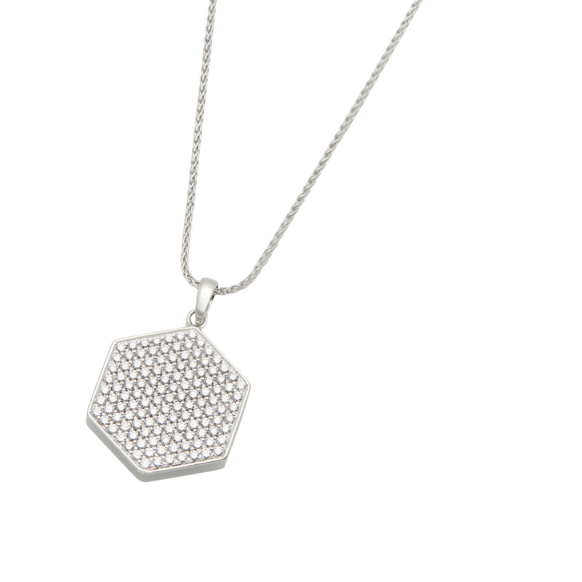 Catenina gora maglia intrecciata con ciondolo esagonale in oro bianco e pavè di diamanti-1