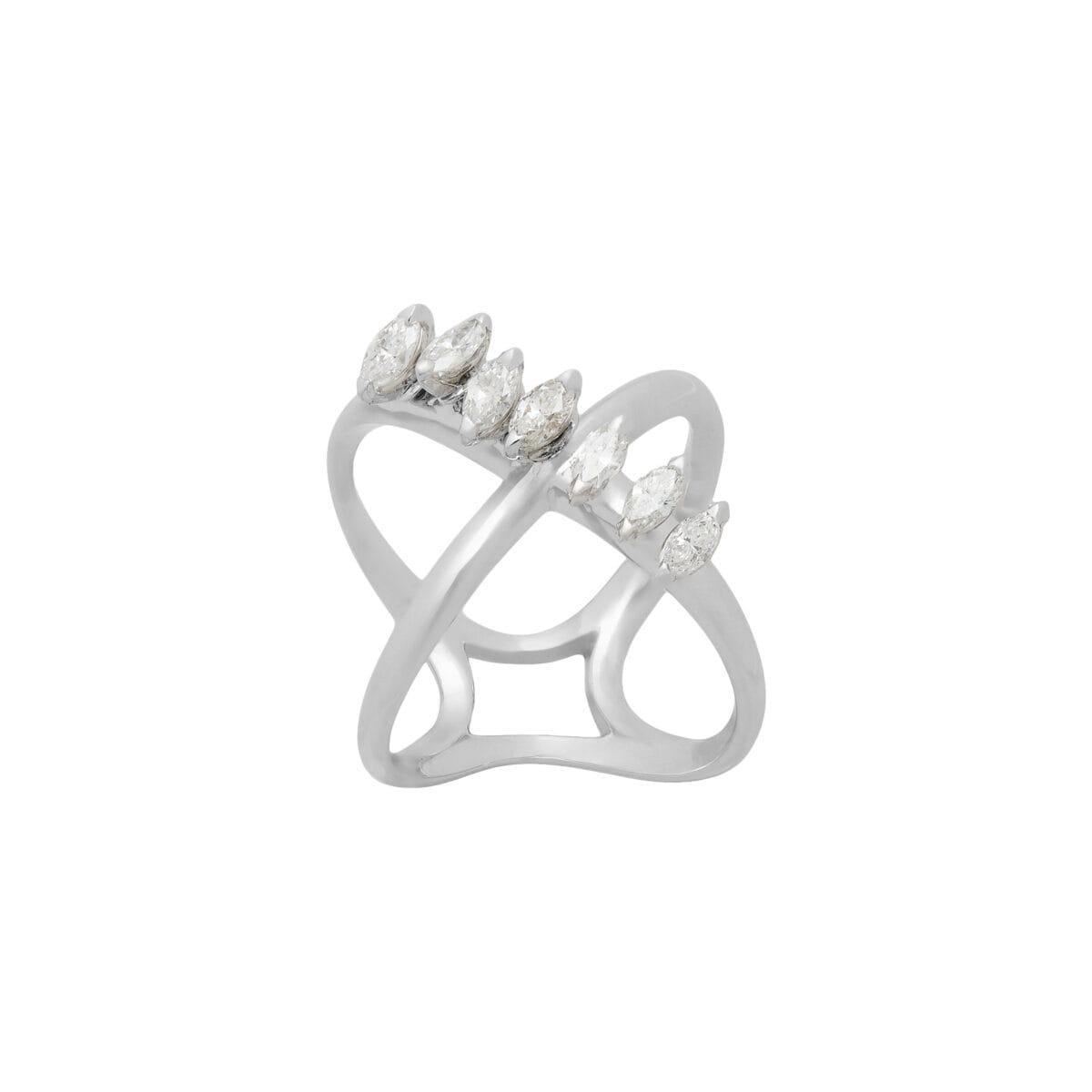 Anello design intrecciato in oro bianco con diamanti marquise mobili-1