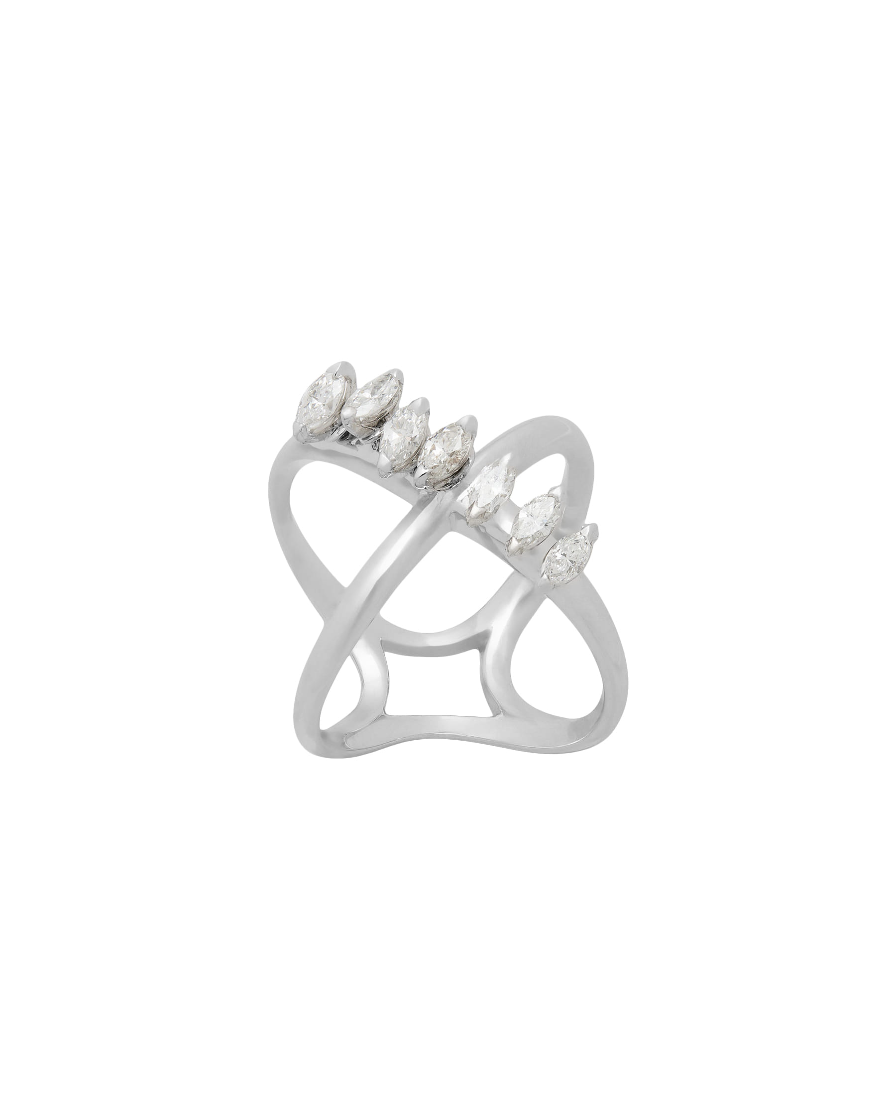 Anello design intrecciato in oro bianco con diamanti marquise mobili-1