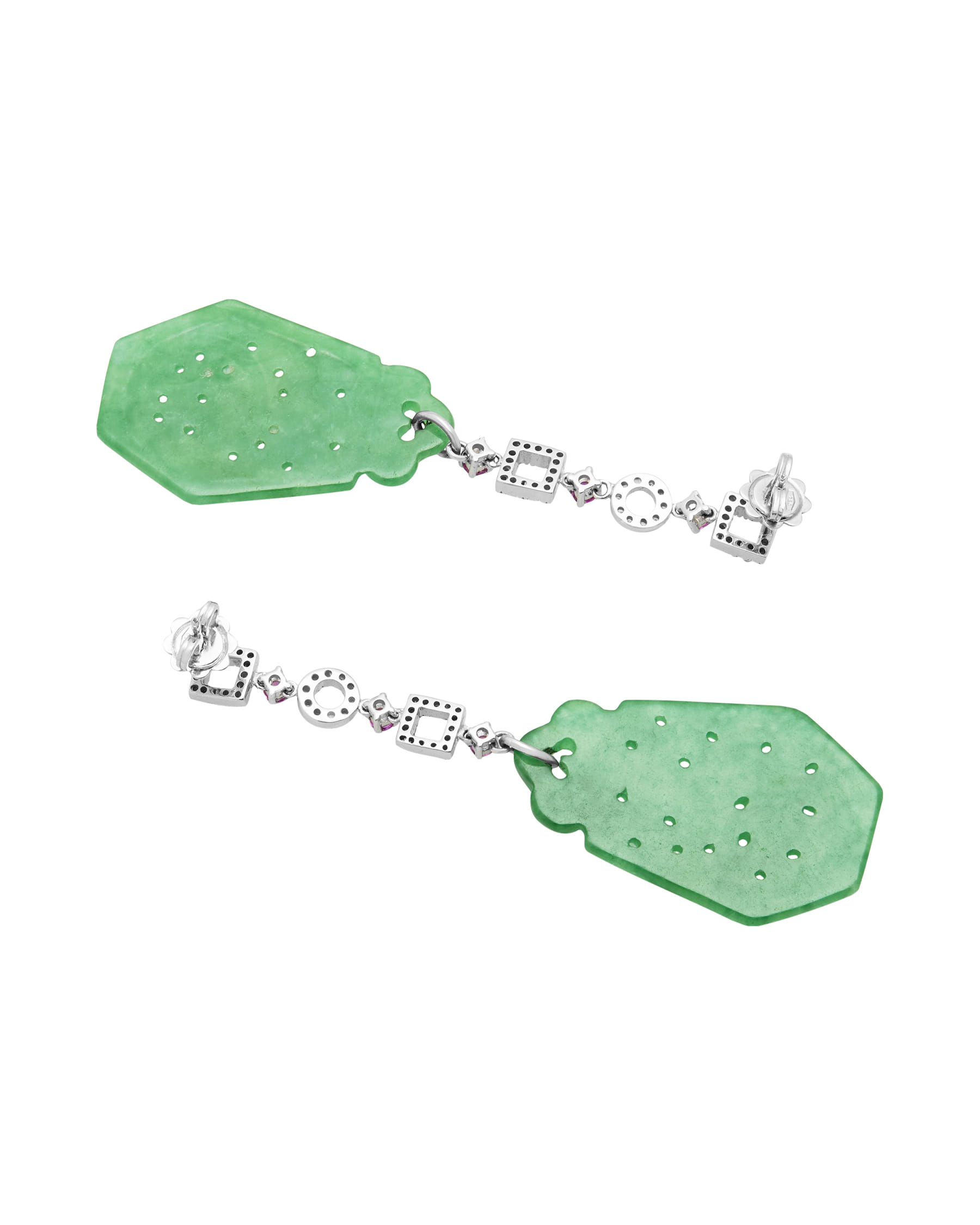 Orecchini pendenti in oro bianco con elementi geometrici con diamanti zaffiri rosa e giada-2