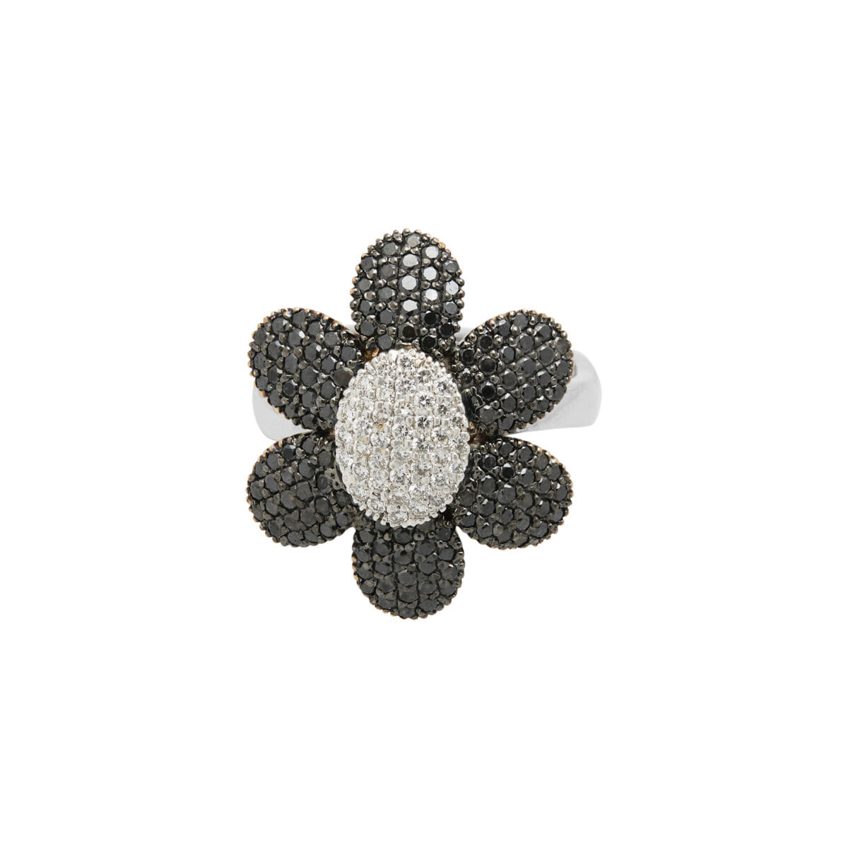 Anello fiore in oro bianco e rosa con diamanti e petali di diamanti neri-1