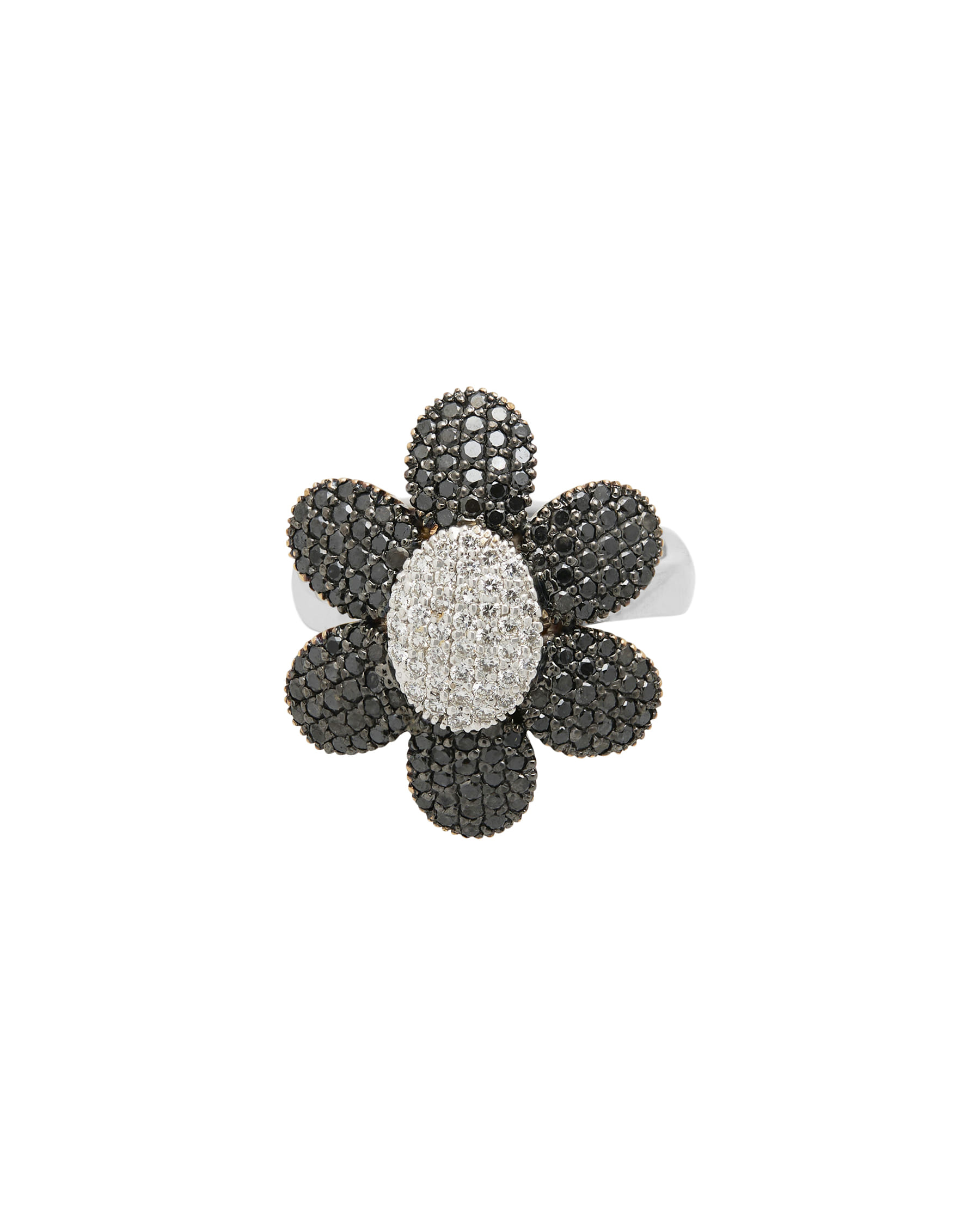Anello fiore in oro bianco e rosa con diamanti e petali di diamanti neri-1