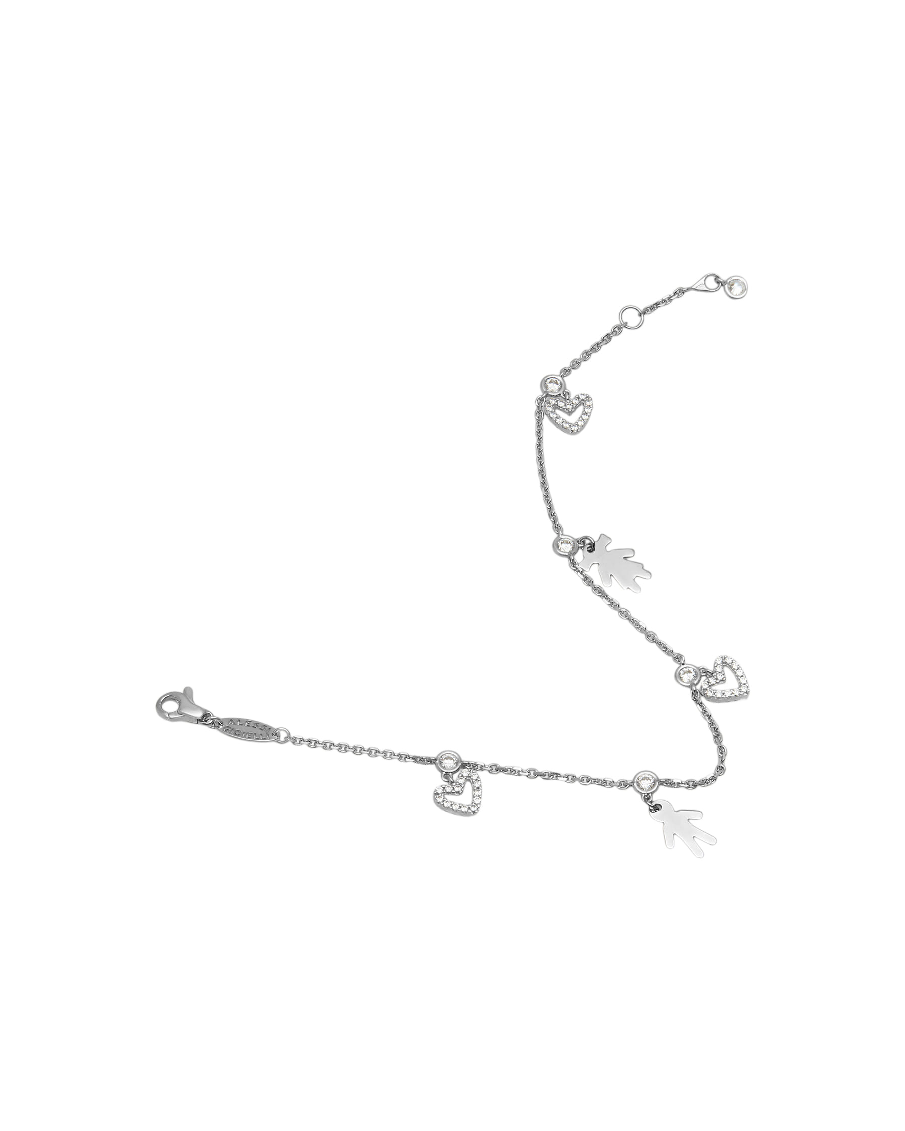 Bracciale in oro bianco con ciondoli bimba bimbo con cuoricini in zirconi-2