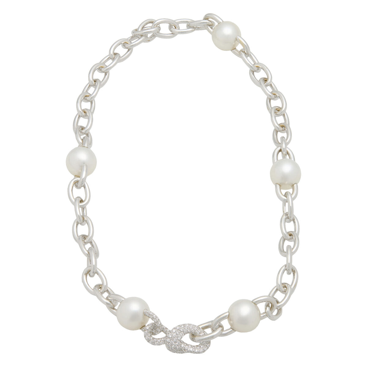 Collana girocollo mikimoto con maglie a catena in oro bianco diamanti e perle 11,30 mm-1