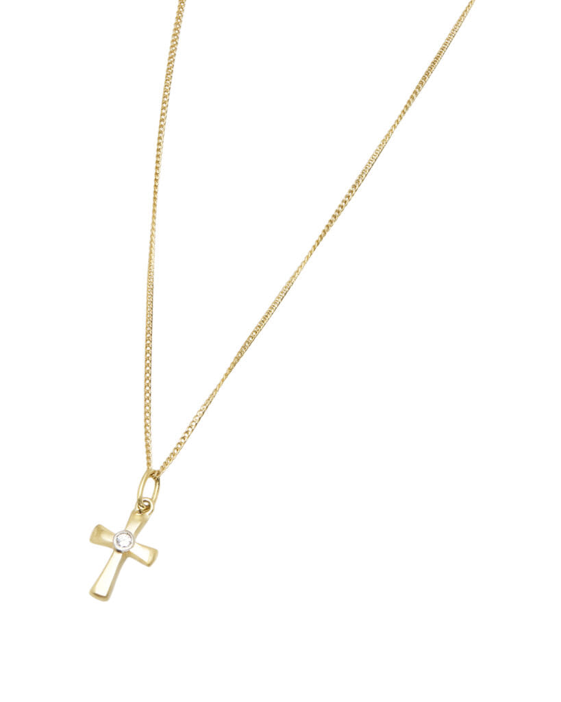 Croce Moderna Stilizzata In Oro Bianco E Giallo 18kt Con Diamante Taglio Brillante Battesimo Simbolo Di Fede 5