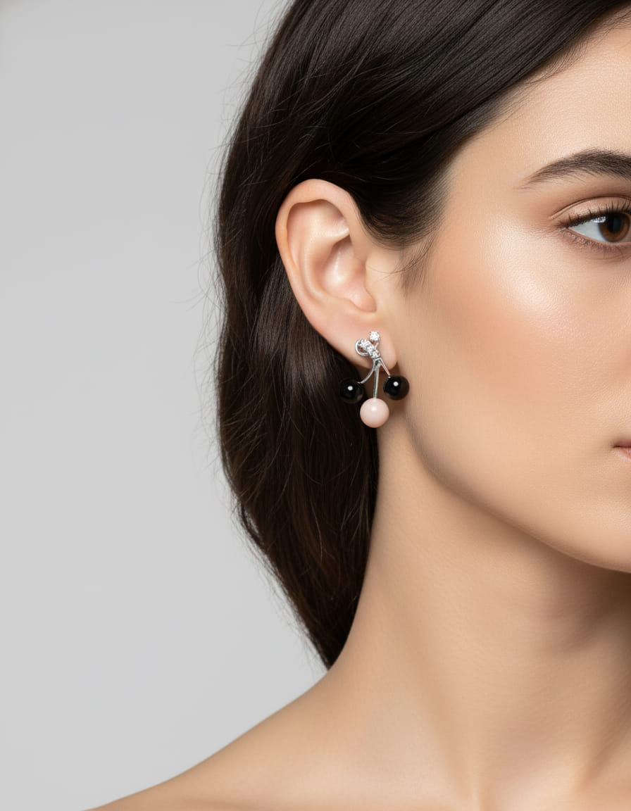 Orecchini a grappolo in oro bianco con onice corallo e diamanti-3