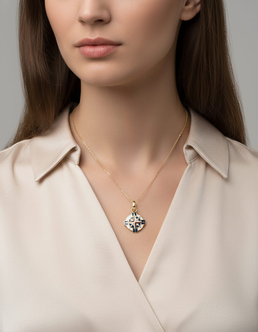 Ciondolo rosa dei venti in oro giallo con smalto-3