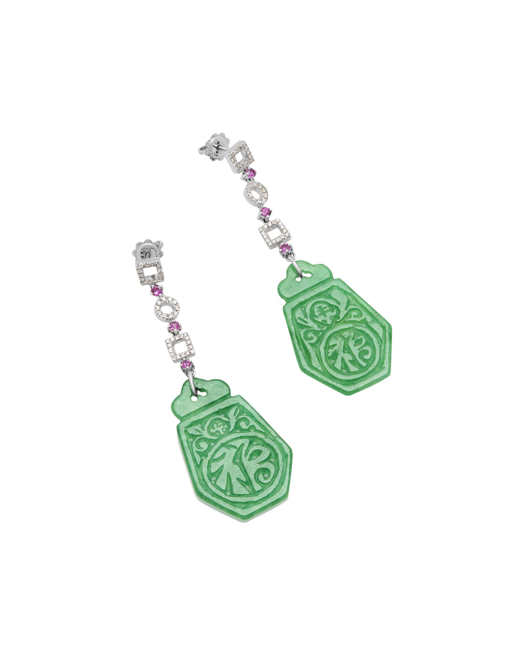 Orecchini pendenti in oro bianco con elementi geometrici con diamanti zaffiri rosa e giada-1